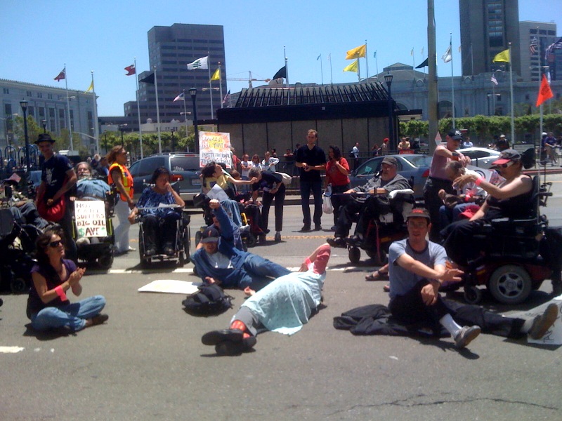 Disability rights activists risking arrest to protest cuts in front of State of CA building