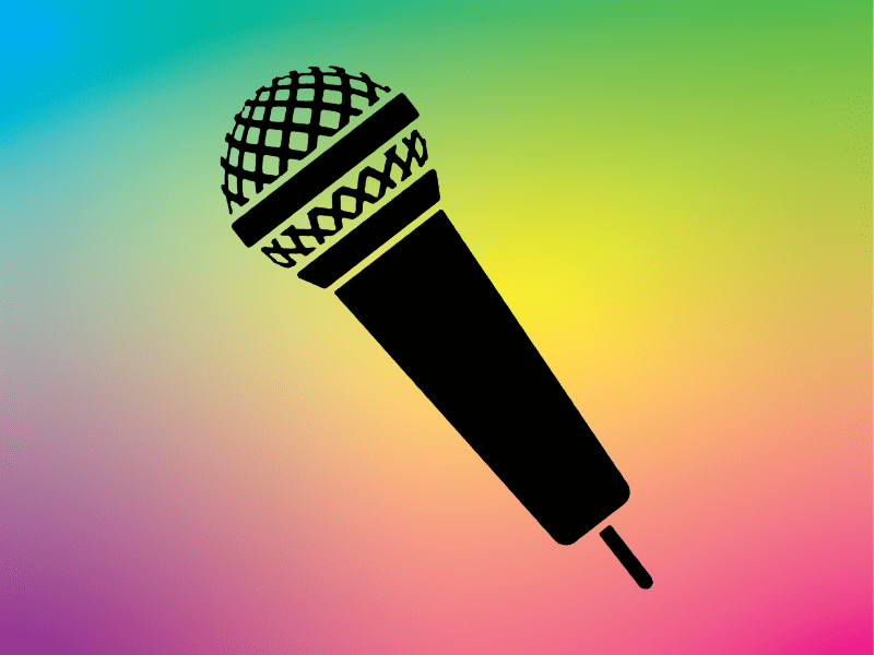 A microphone over a rainbow gradient.