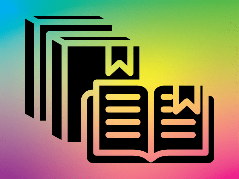 Multiple books, one of them open, on a rainbow gradient.